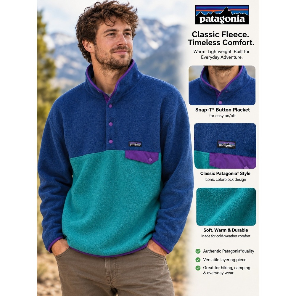 Mens Patagonia Synchilla Blue Teal Purple Color Block Snap Fleece Pullover Sz XL